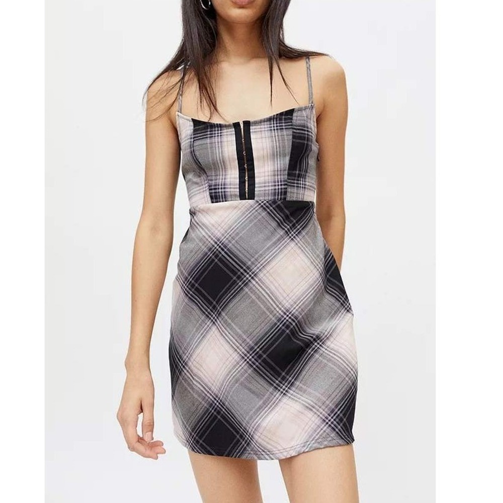Urban Outfitters Keya Plaid Mini Dress Women M Black Gray Hook & Eye Grunge Chic